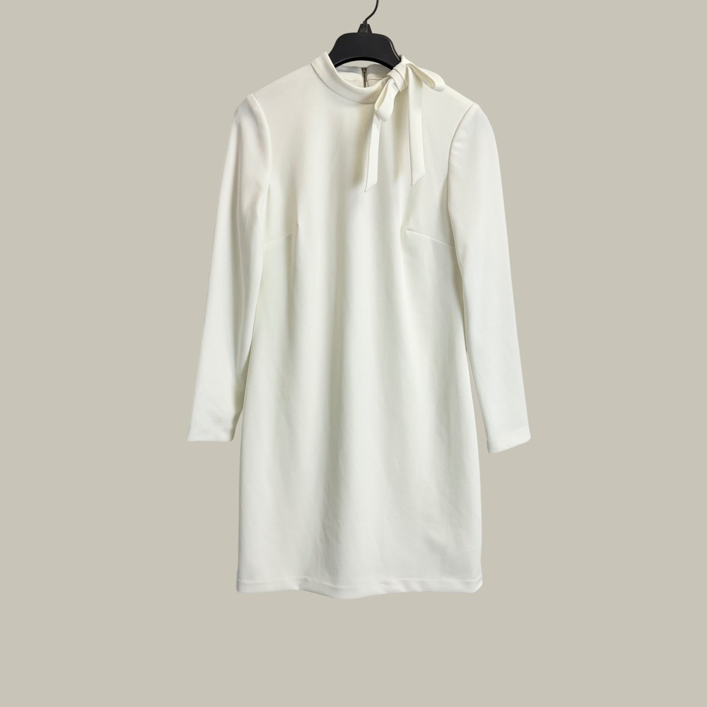 Calvin Klein Women's 6 Cream White Long Sleeve Bow Neck Shift Dress Gold Zip